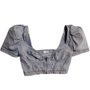 Vestique Light Wash Denim Corset Bustier Puff Sleeve Crop Top S1852 Small